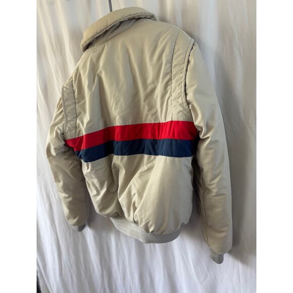 Quail Run Vintage Puffer Coat – Beige with Red and Navy Stripe – Size Medium - Picture 10 of 16